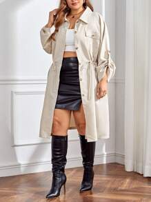 SHEIN Essnce Plus Roll Tab Sleeve Drawstring Waist Flap Pocket Coat - Khaki - View 1