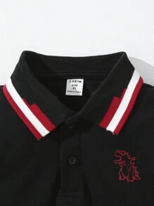 SHEIN 男小童恐龍印花拼接邊POLO衫 - 黑色 - 查看 3