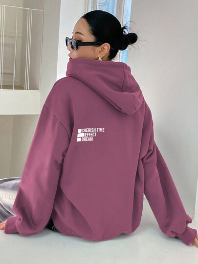 DAZY Suéter Con Capucha Con Gráfico De Letras, Hombros Caídos Y Cordón Ajustable