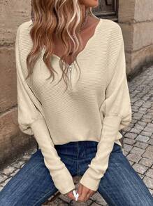 SHEIN LUNE Half Zip Batwing Sleeve Sweater - Apricot - View 6