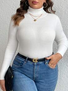 SHEIN Clasi Plus Turtleneck Ribbed Knit Sweater - White - View 3