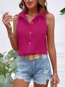 Breezaya Chất rắn Nút phía trước Không tay Áo sơ mi - Màu Hồng Tươi - Xem 3