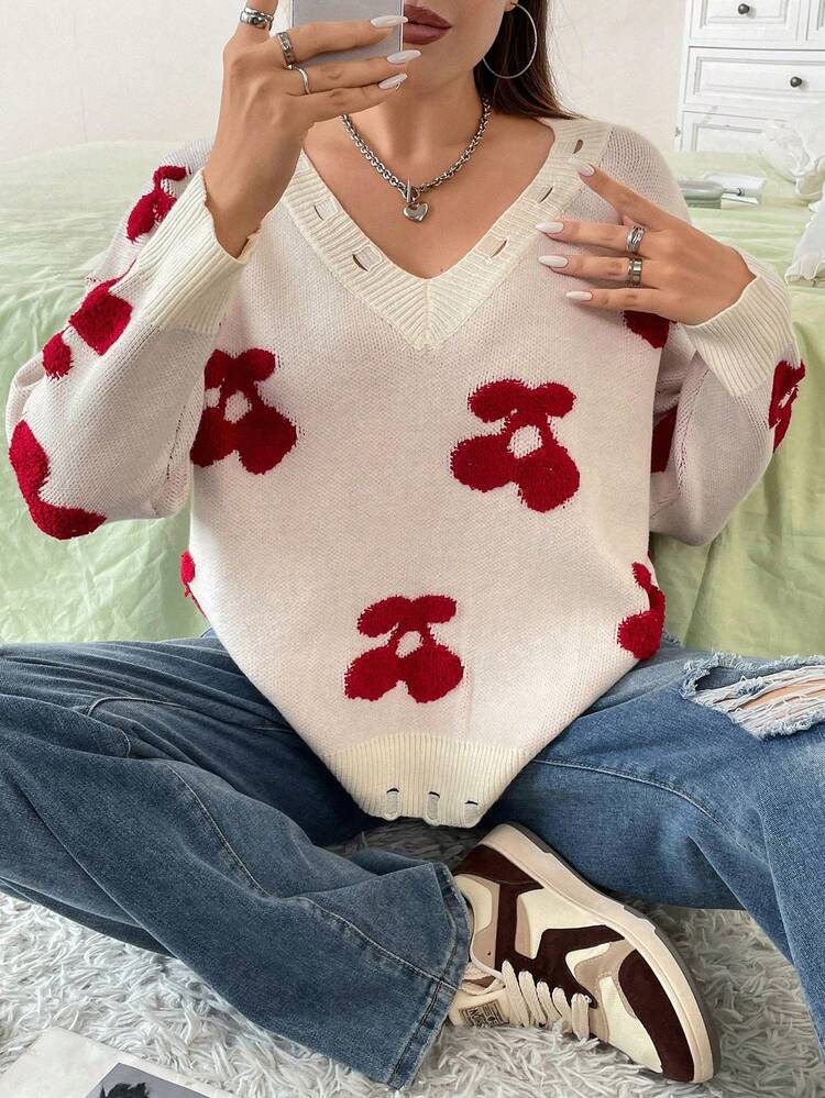 Plus Cherry Pattern Drop Shoulder Distressed Sweater Knit Pullover Fall Winter Sweater
