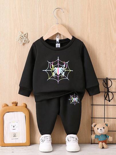 Bebê Menino Impressão De Teia De Aranha Calças de Treino & Moletom
