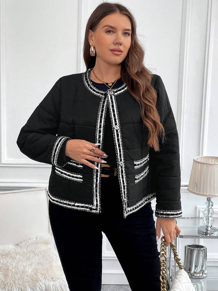 Plus Contrast Trimmed Dual Pocket Padded Coat