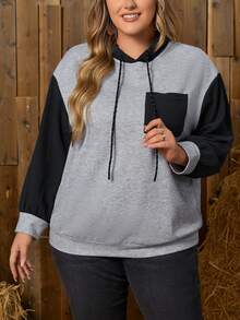 EMERY ROSE Áo nỉ dáng rộng phối màu, túi vá, vai rớt, dây rút. - Xám - Xem 4