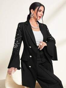 Modelyn Rhinestone Detail Flounce Sleeve Double Breasted Blazer Fall Cloth For Women - Black - View 7