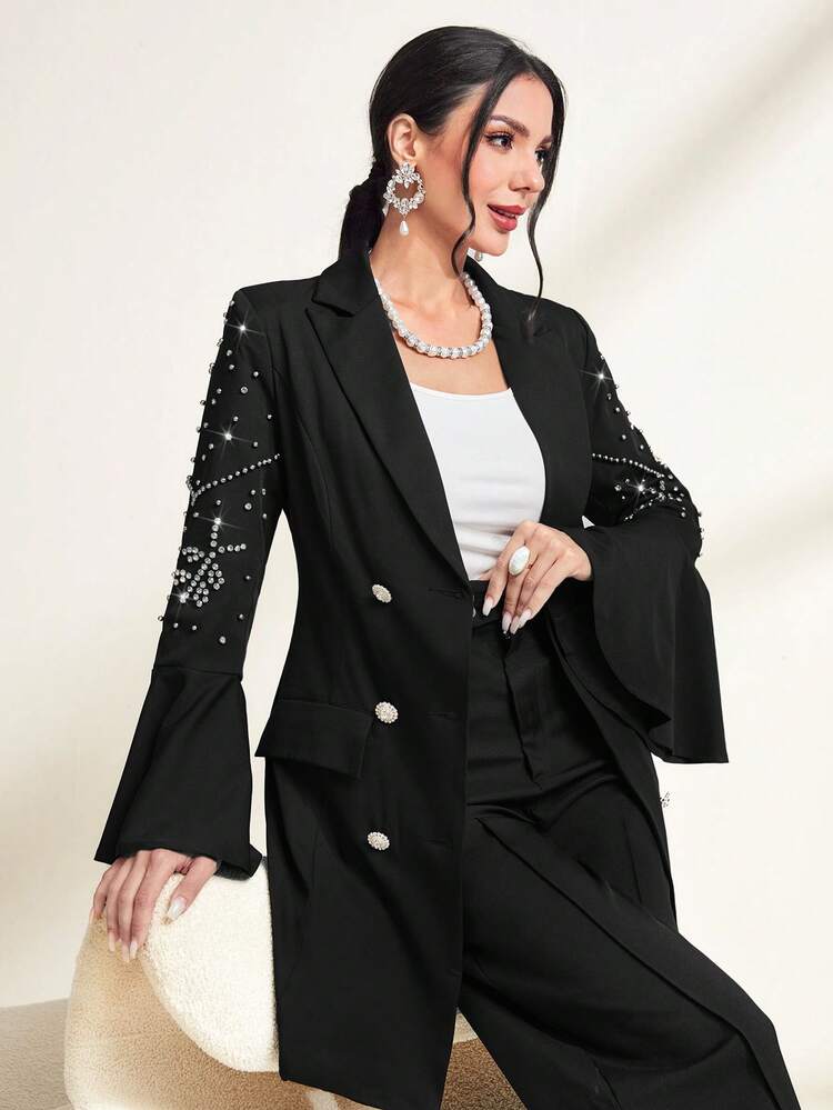 Rhinestone Detail Flounce Sleeve Double Breasted Blazer Fall Cloth For Women