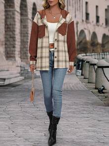 SHEIN LUNE Plaid Print Drop Shoulder Hooded Coat - Multicolor - View 3