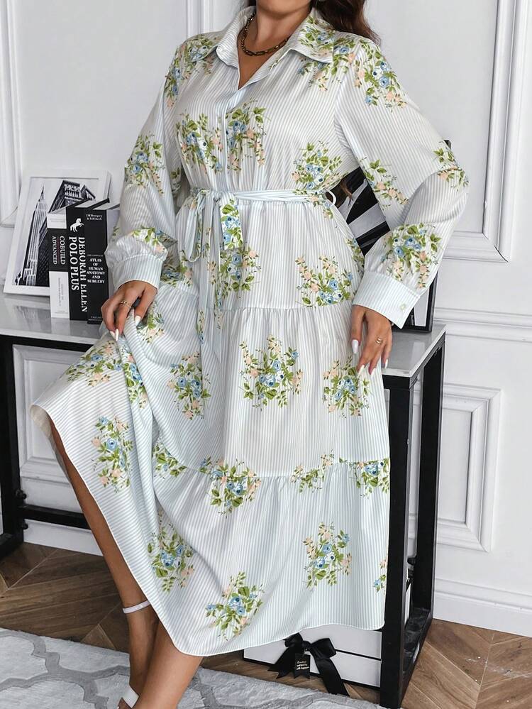 Plus Floral Print Ruffle Hem Belted Shirt Dress