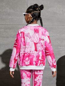 SHEIN Tween Girl Cartoon Figure Graphic Bomber Jacket - Hot Pink - View 2