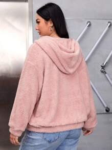 SHEIN EZwear 大碼字母貼布落肩袖連帽毛絨夾克 - 藕粉色 - 查看 2