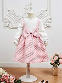 SHEIN 女小童雙色前蝴蝶結假兩件洋裝 - 彩色 - 查看 1