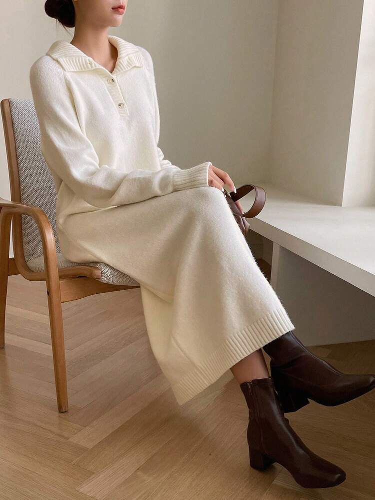 Polo Neck Raglan Sleeve Split Hem Sweater Dress