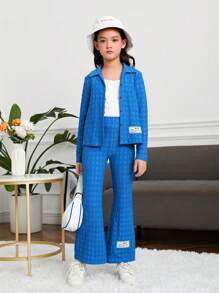 SHEIN Tween Girl Letter Patched Detail Blouse & Pants - Royal Blue - View 4