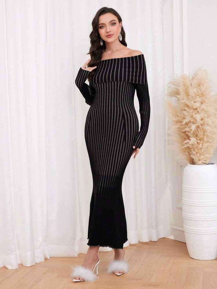 Off Shoulder Foldover Mermaid Hem Bodycon Sweater Dress Fall Cloth For Women