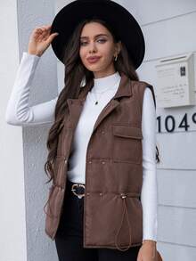 SHEIN Clasi Áo khoác đệm lưng có túi nắp, dây rút - màu nâu - Xem 7