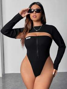 SHEIN ICON 大碼拉鏈開襟超短款上衣&抹胸上衣 - 黑色 - 查看 3