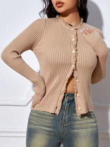 SHEIN EZwear Frill Trim Button Front Ribbed Knit Cardigan - Khaki - View 1