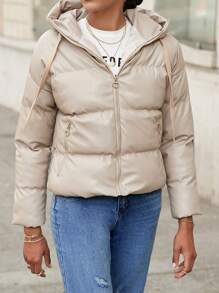 EURMUSE Zip Up Drawstring Hooded Puffer Coat - Khaki - View 3