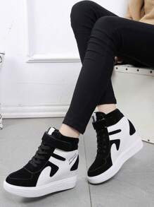 Fall/Winter Women's Wedge Heel Thick Sole Sneakers, New Korean Fashion High Top Patchwork Casual Shoes With Hook And Loop And Increased Massage Bottom - Black and White - View 4