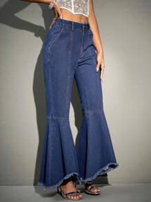 SHEIN BAE 毛邊下擺喇叭牛仔褲