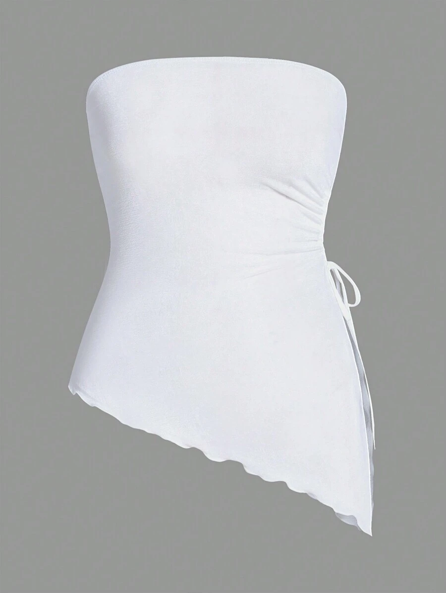 SHEIN EZwear 白色頂部,束緊腰部收集,側邊束繩不對稱的下擺 - 白色 - 查看 1