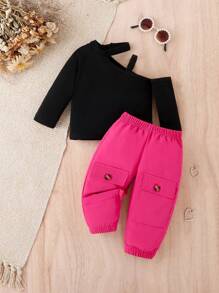 Em bé Cô gái Bất đối xứng Vòng cổ Tay áo dài Áo Và Cargo Túi Đàn hồi Cổ tay áo Quần Giải trí Không có Túi Fanny - Màu Hồng Tươi - Xem 3