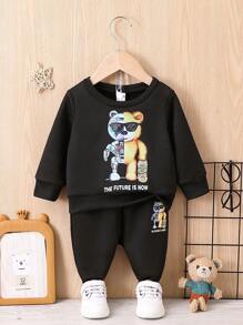 男嬰熊和字母圖案衛衣和衛褲 - 黑色 - 查看 1