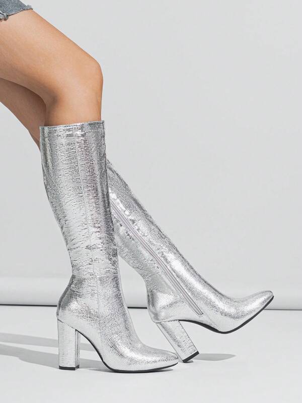 European And American Fashion Hot-Selling Women's Pointed Toe Chunky Heel Over-The-Knee Boots With Side Zipper, Slimming Effect
