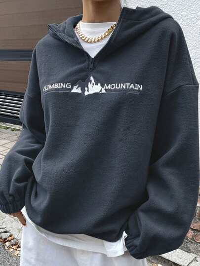DAZY Capucha montaña & con bordado de letra de hombros caídos con cremallera cuarta forro polar sin camiseta