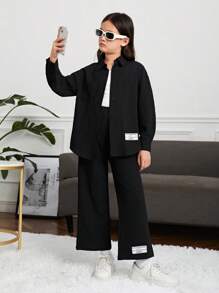 SHEIN 女大童標語圖案落肩袖襯衫&喇叭褲 - 黑色 - 查看 4
