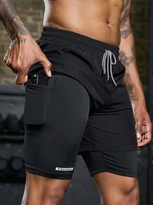 Manfinity Running Boyfriend Style Men Letter Graphic Drawstring Waist Slant Pocket Sports Shorts Gym Shorts Jogger Shorts Sweat Pants Black Shorts - Black - View 3