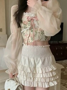 歐根紗拼接長袖襯衫(不可拆卸蝴蝶結,隨機印花) - 杏色 - 查看 5