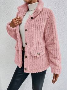 SHEIN Frenchy Drop Shoulder Flap Detail Teddy Jacket - Pink - View 3