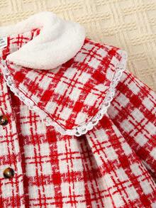 Baby Girl Plaid Print Statement Collar Overcoat - Red - View 6