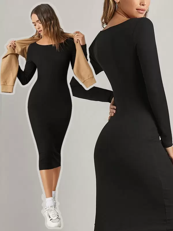 SHEIN BASICS Einfarbiges Enganliegendes Langarmkleid Für Den Sommer