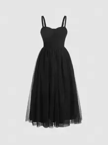 SHEIN MOD Contrast Mesh Cami Dress Tulle Dress - Black - View 1