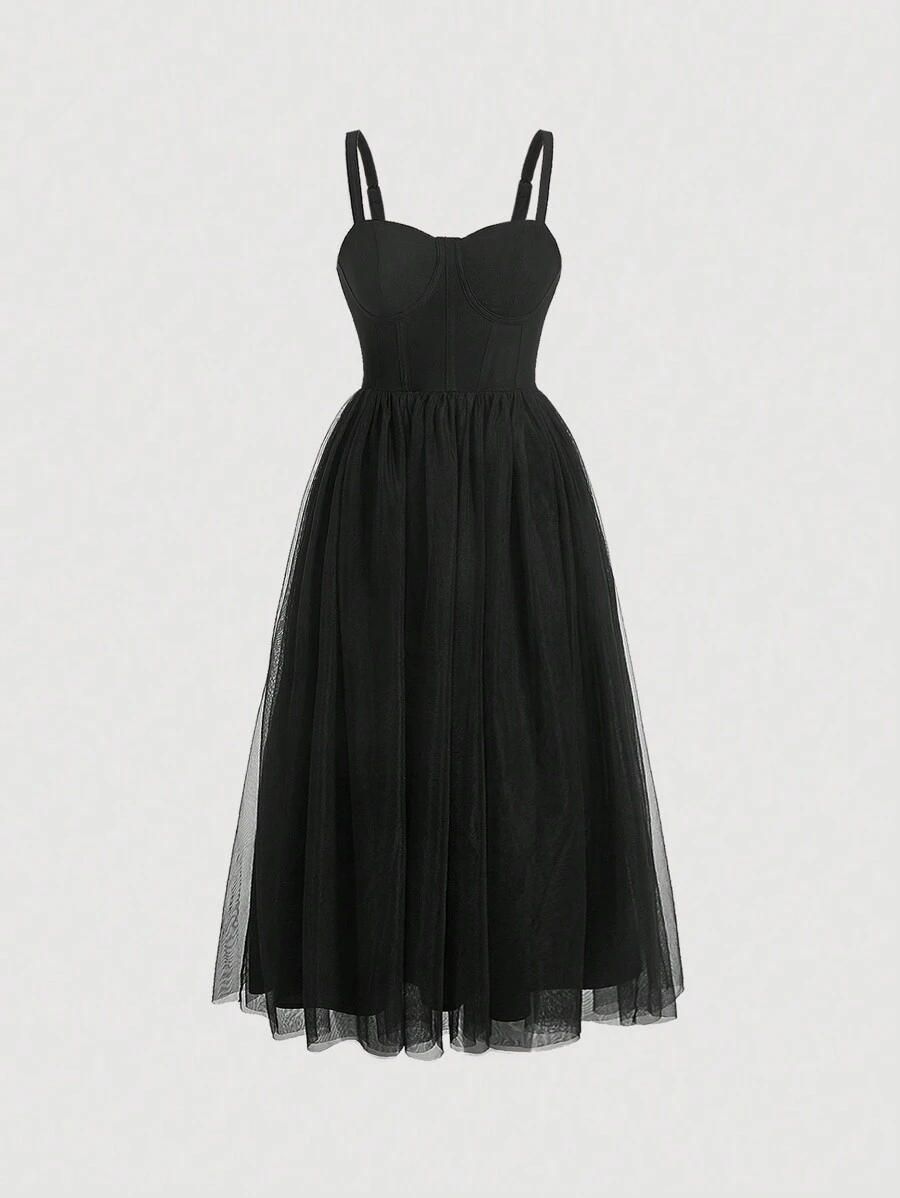 SHEIN MOD Contrast Mesh Cami Dress Tulle Dress - Black - View 1