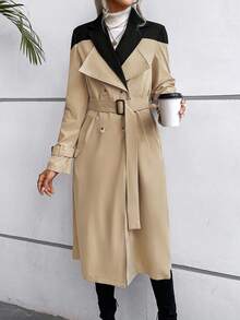SHEIN LUNE Two Tone Double Breasted Belted Trench Coat - Apricot - View 5