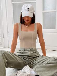 SHEIN EZwear Solid Square Neck Tank Bodysuit - Apricot - View 4