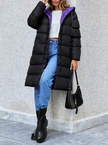 SHEIN Cottnline Two Tone Zip Up Hooded Puffer Coat - Black - View 4