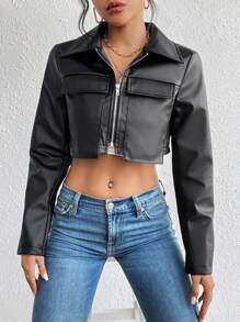 Chiquease Flap Detail Crop PU Leather Jacket Fall Winter Cloth For Women - Black - View 6