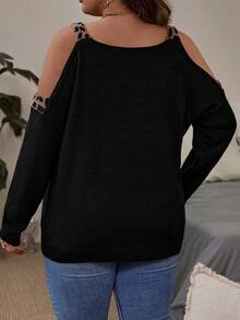 SHEIN LUNE 大碼豹紋&愛心圖案挖肩套頭毛衣 - 黑色 - 查看 2