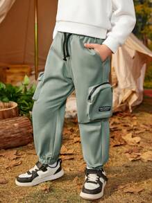 SHEIN Young Boy Letter Graphic Pocket Side Cargo Pants - Blue - View 3