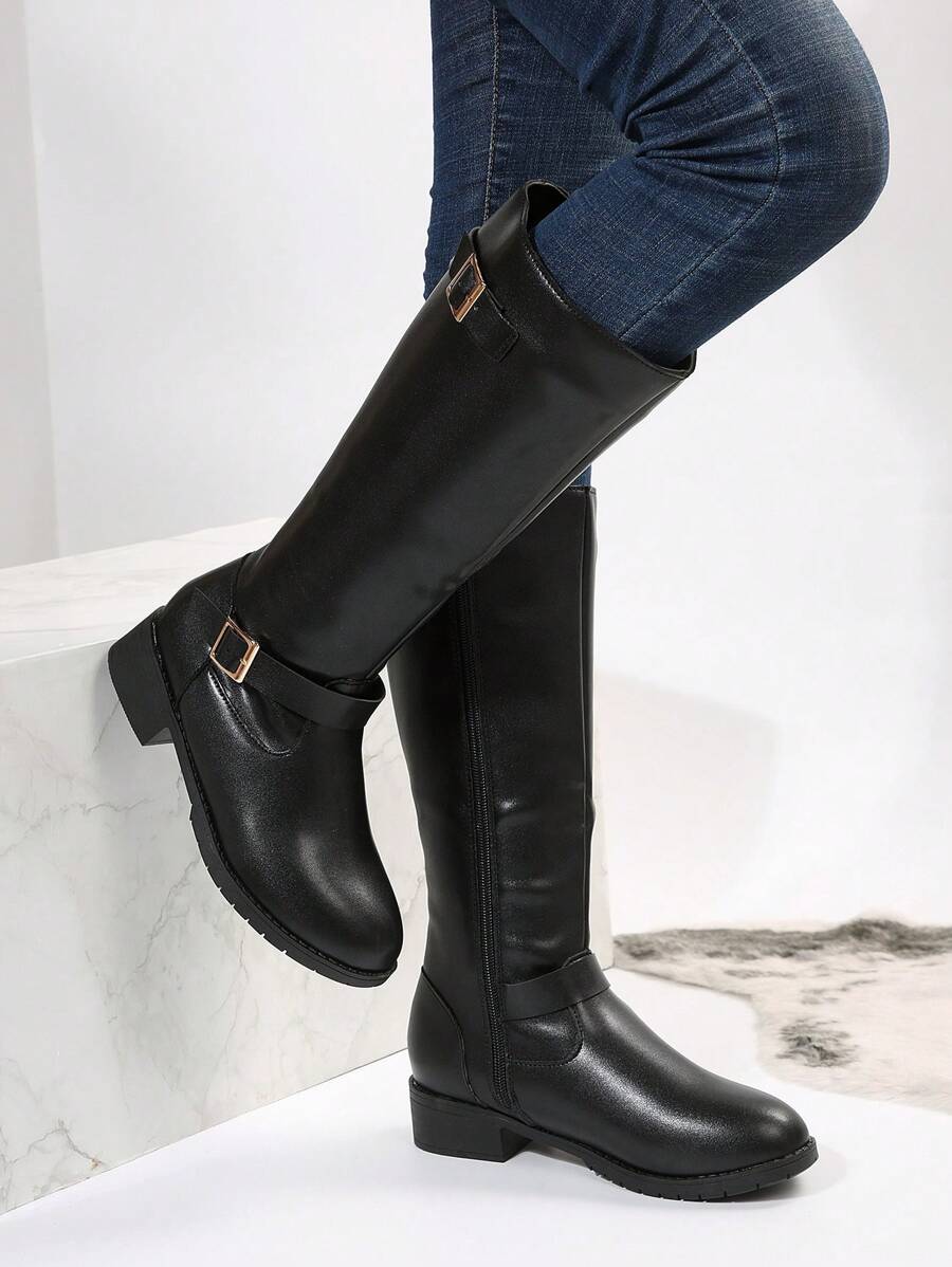 女性時尚高幫平底復古西部牛仔靴附腰帶扣飾,新設計馬靴 - 黑色 - 查看 1