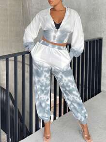 SHEIN X GiudiceGirls Tie Dye Zip Up Hooded Sweatpants - Dusty Blue - View 3