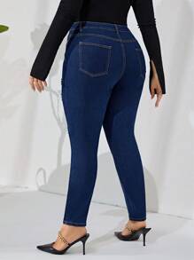 SHEIN Frenchy Plus Ripped Skinny Jeans - Dark Wash - View 3