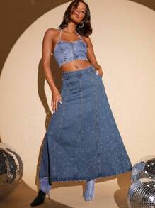 高腰牛仔半身裙 - 中等水洗藍 - 查看 1