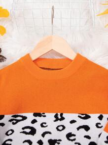 SHEIN 女孩豹紋圖案撞色落肩袖套頭毛衣 - 彩色 - 查看 3